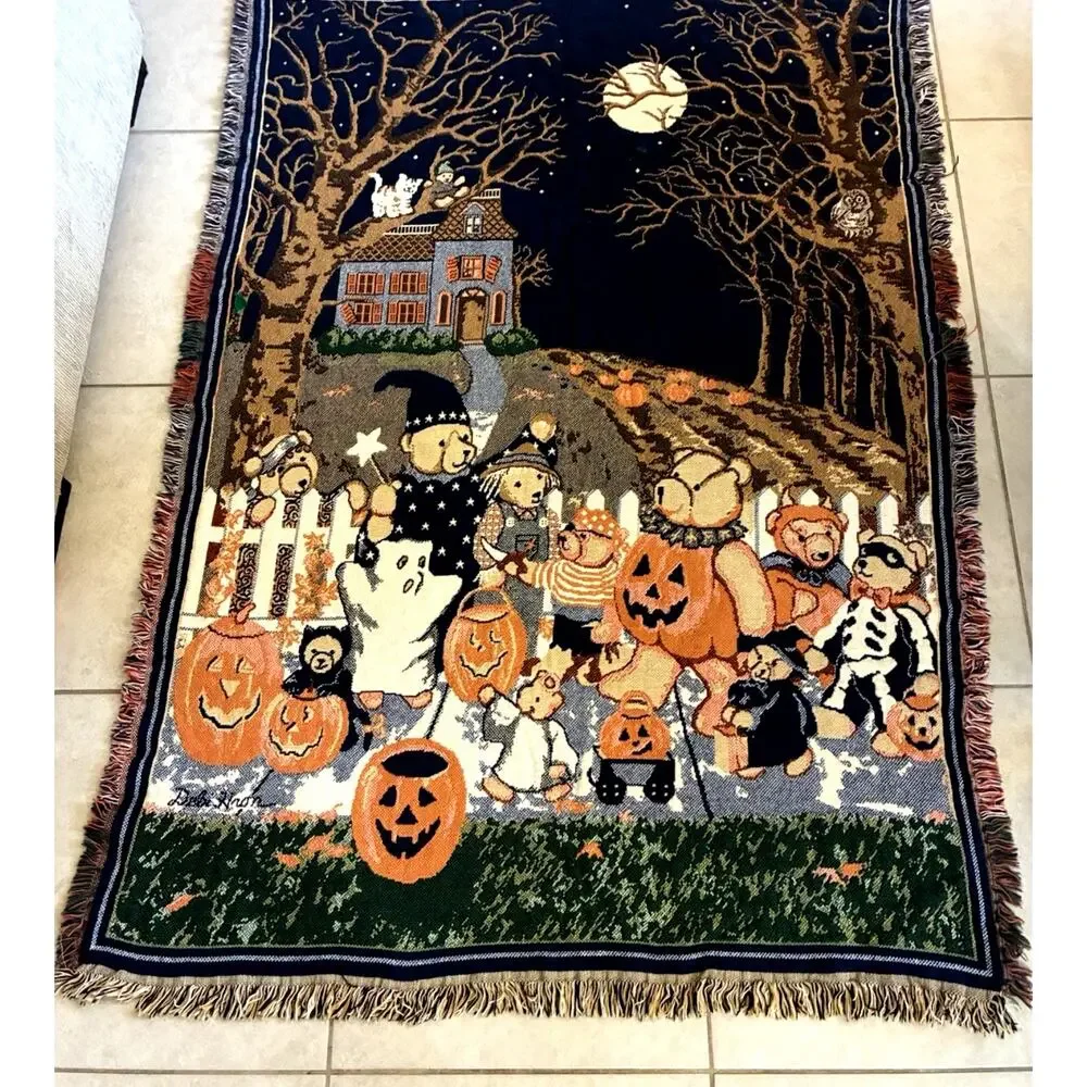 VTG 90s Goodwin Weavers Halloween Bears Trick or Treat Tapestry Throw Blanket